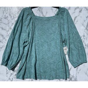 Style & Co Green Floral Square Neck Knit Blouse Large 3/4 Sleeve sleeve